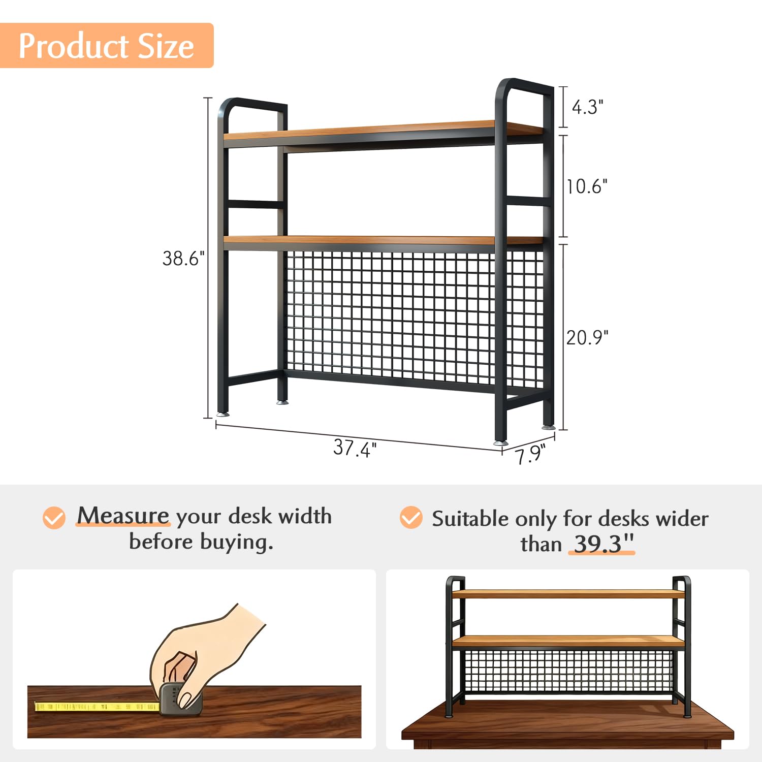 IOTXY 2-Tier Desktop Hutch Bookshelf - Metal Desk Shelf Bookcase with Grid Panel, Countertop Storage Organizer Rack for Dorm or Office, White, 45.3" W