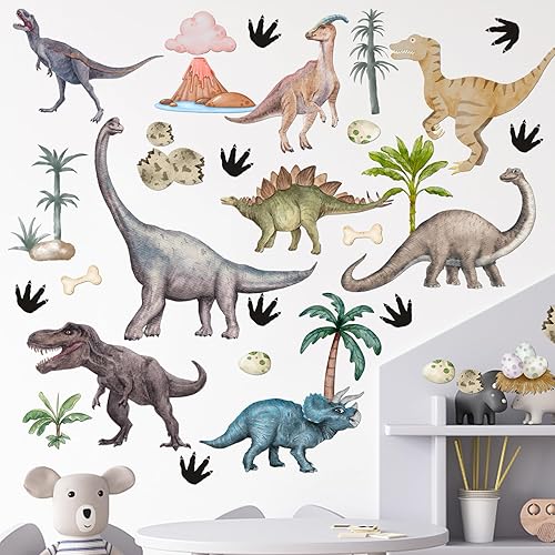 Miniatura 7 de Calcomanías de pared de dinosaurio de acuarela, despegar y pegar, calcomanías de pared de dinosaurio extraíbles para decoración de habitación de