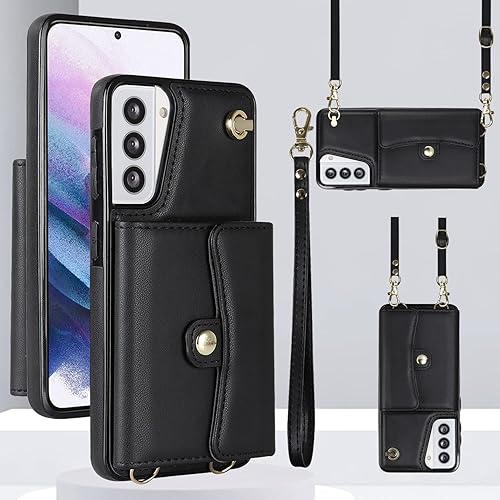 Asuwish Funda para teléfono Samsung Galaxy S21 FE 5G Funda tipo cartera con bloqueo RFID, tarjetero de crédito, correa cruzada de muñeca, soporte