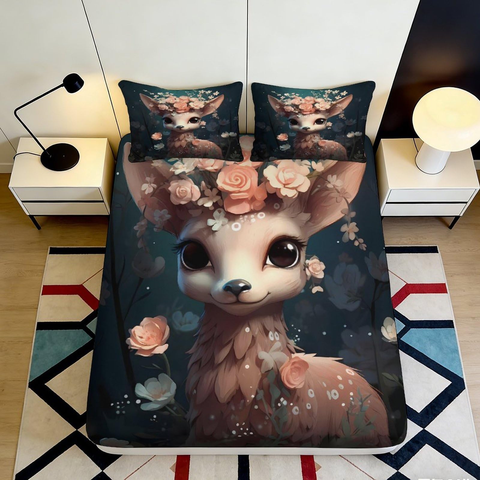 Tjiqhvmrn Style-3 3D Printed Deer Floral Fitted Sheet Microfiber Deep Pocket Non-Slip Bedroom Bedding Deer Mattress Fitted Cover Soft Washable For Adults 90X200x25cm
