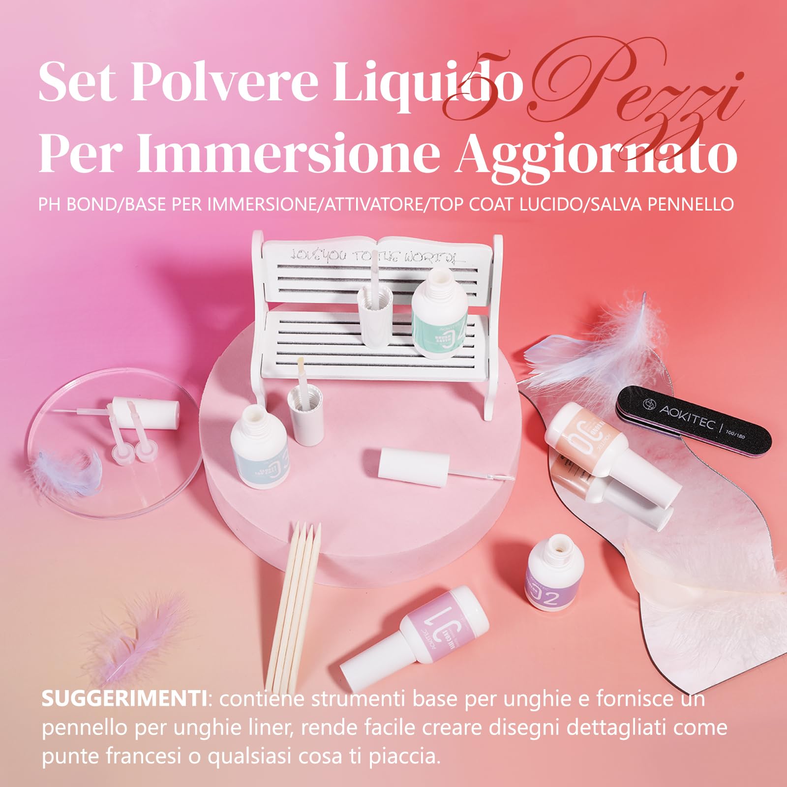 Aokitec 13PCS Dip Powder Liquid Set, Adesivo più Forte, PH Bond/Dip Activator/Base/Glossy Top Coat/Brush Saver con Pennello per Liner in Polvere per Unghie Strumento per Unghie per Dip Powder Nail Kit
