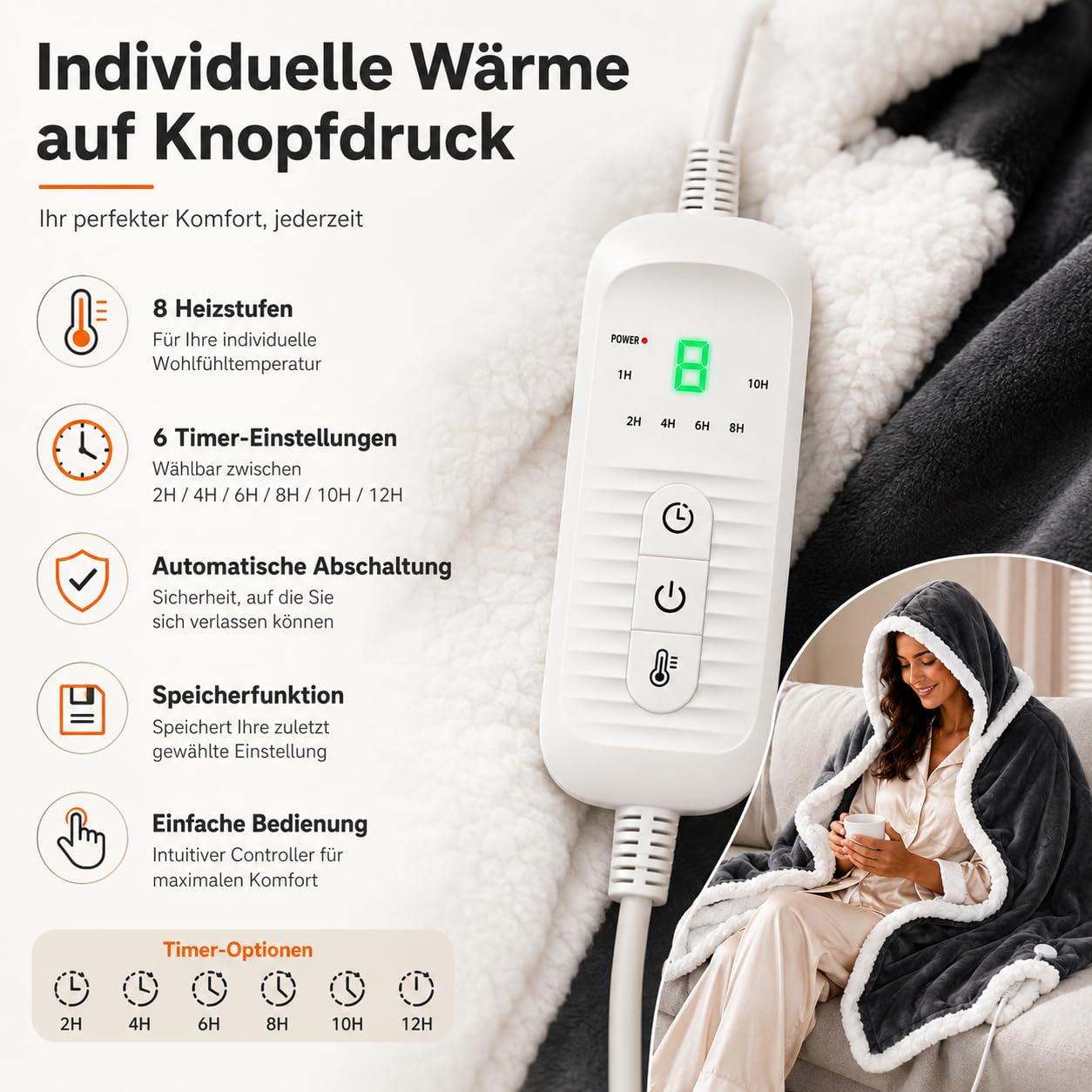 Pealeaf Beheizbare Decke mit Ärmeln und Fußtaschen, 8 Heizstufen, 6 Timer, Waschbar (Mit Füßen)