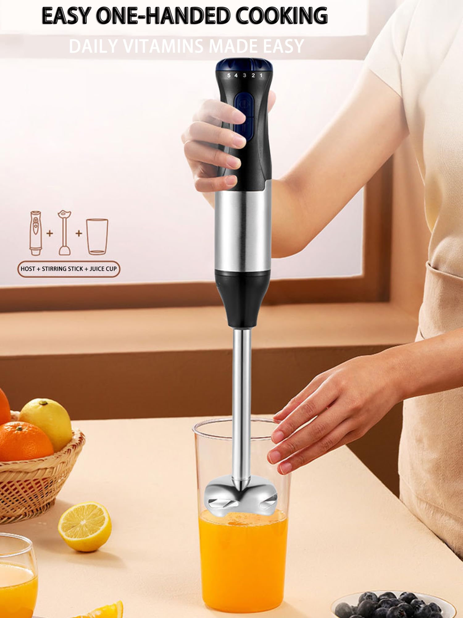 Blender ręczny elektryczny 3 w 1, blender ręczny 1000W, 5-stopniowa regulacja prędkości z kielichem 700 ml, ostrze ze stali nierdzewnej, do przygotowywania jedzenia