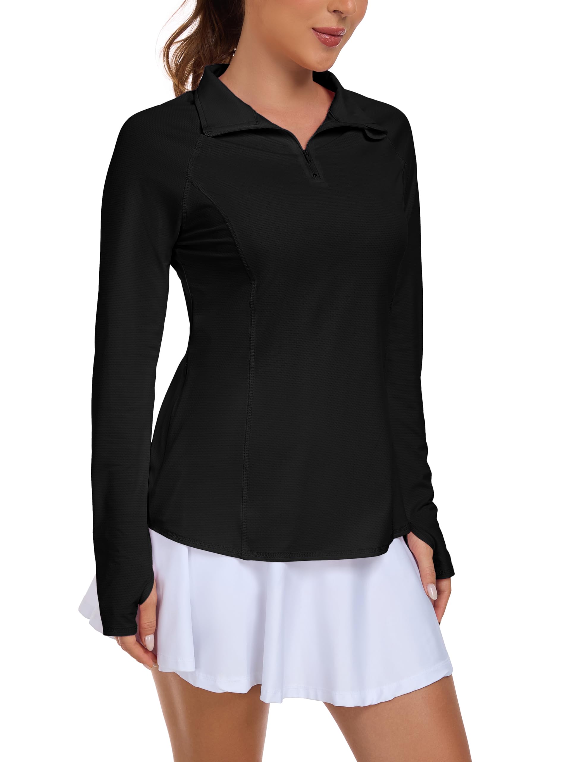 IWOLLENCE Laufshirt Damen Langarm Lockerer Fit Sportjacke Funktionsshirt Sportshirt UV Schutzshirt UPF 50+ UV 1/4 Reißverschluss mit Daumenlöchern und versteckter Tasche rechts