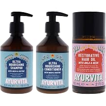 Neem and Reetha Ultra Nourishing Conditioner and Shampoo with Amla and Neem Restorative Hair Oil Kit by AyurVita for Unisex - 3 Pc Kit 10oz Conditioner, 10oz Shampoo, 2oz Oil