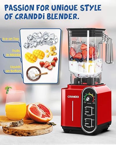 Miniatura 6 de CRANDDI Licuadora comercial de 52 onzas, 1800 W, para cocina, hoja de acero inoxidable de 9 velocidades y autolimpieza, pulso integrado, K98C rojo