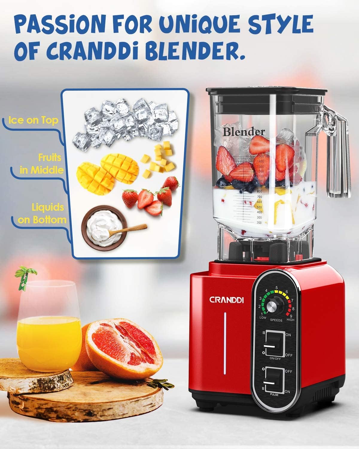 Licuadora comercial de 52 onzas, 1800 W, para cocina, hoja de acero inoxidable de 9 velocidades y autolimpieza, pulso integrado, K98C rojo 6