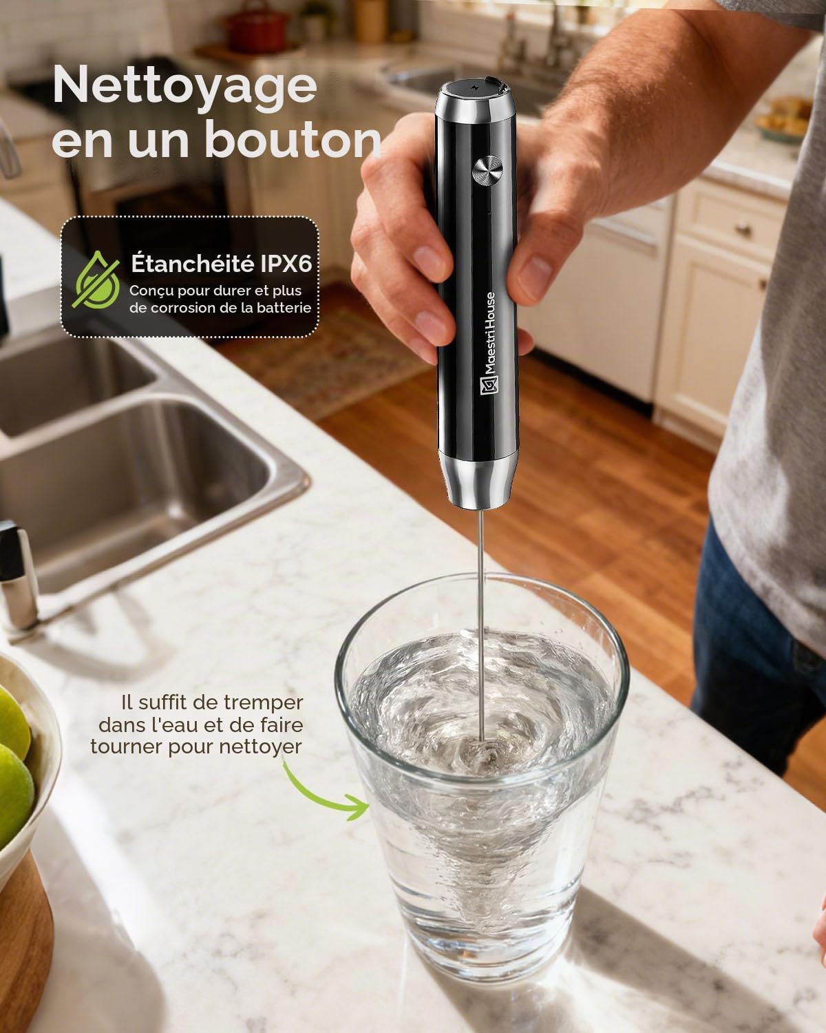 Maestri House Mousseur à Lait Électrique, Rechargeable Mousseur a Lait, Fouet en Acier Inoxydable, étanche Portable Mini Mixeur 2 fouets pour Café, Latte, Cappuccino, Matcha, Lunafro (avec Support)