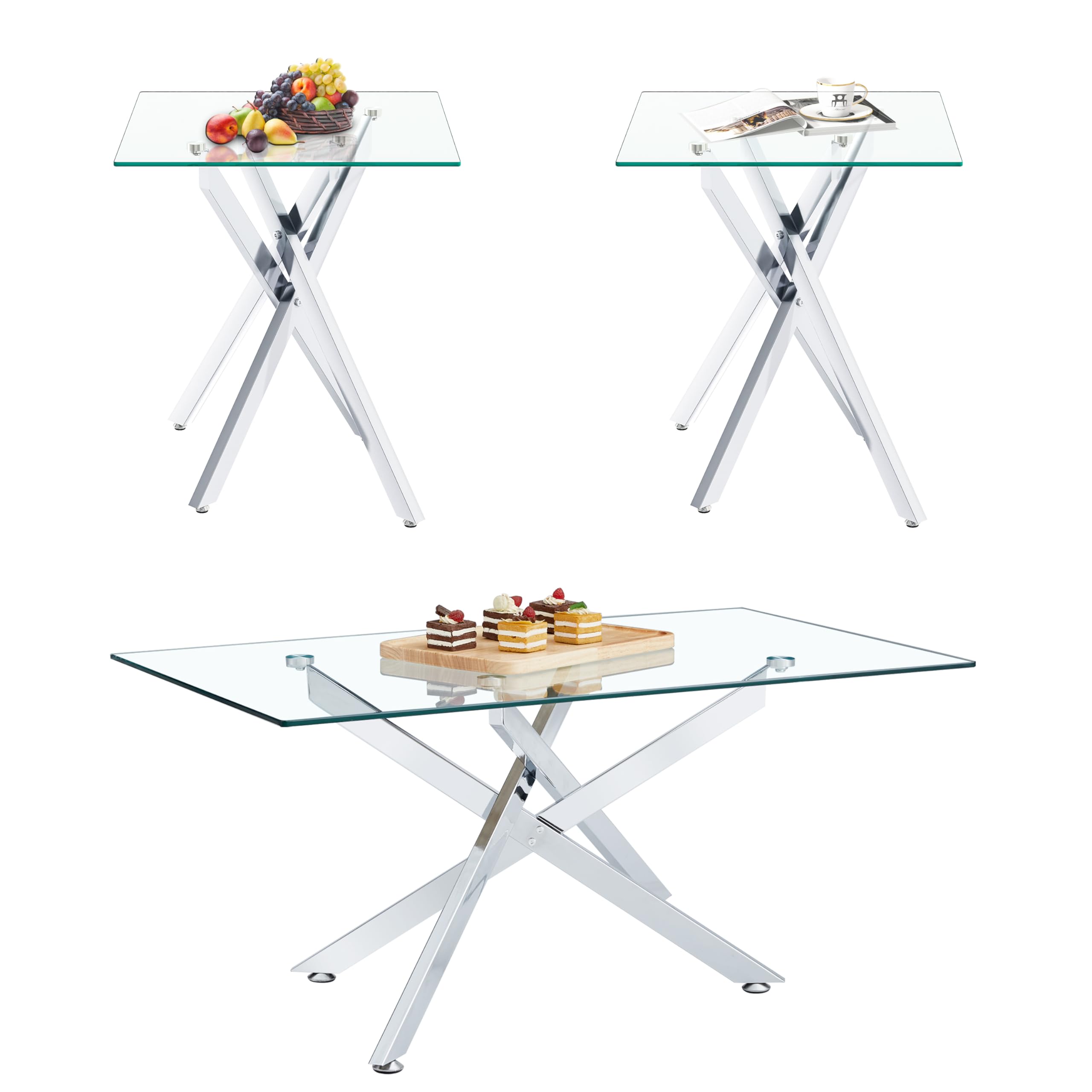 Silver Glass Coffee Table Set of 3 Modern End Table Living Room Side Table, Geometric Metal Legs 39.4 Inch Clear Rectangle Center Cocktail Tables, Chrome Silver