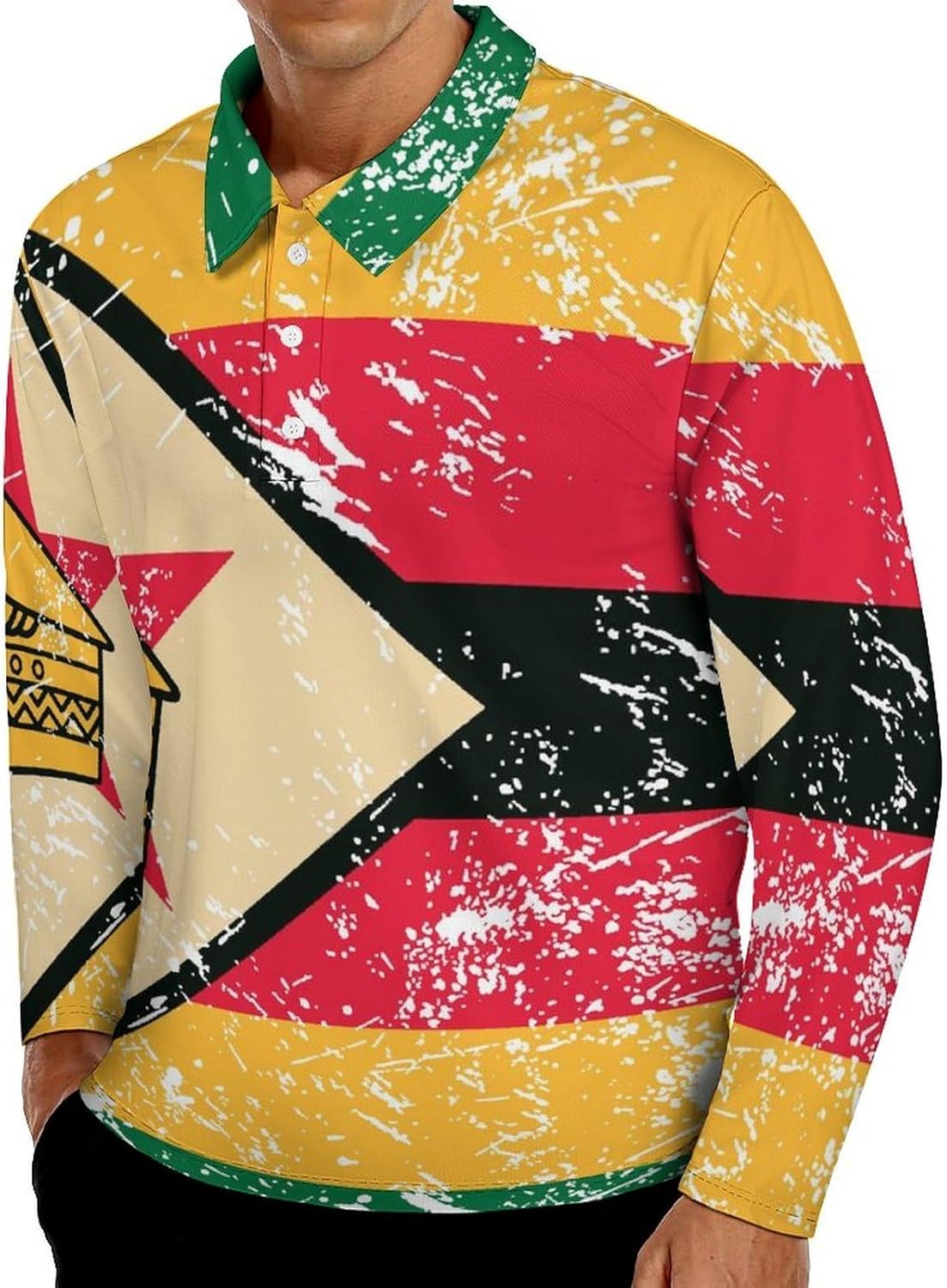 Zimbabwe Vintage Flag Men's Polo Shirts Long Sleeve Jersey Golf Regular Fit Button Closure