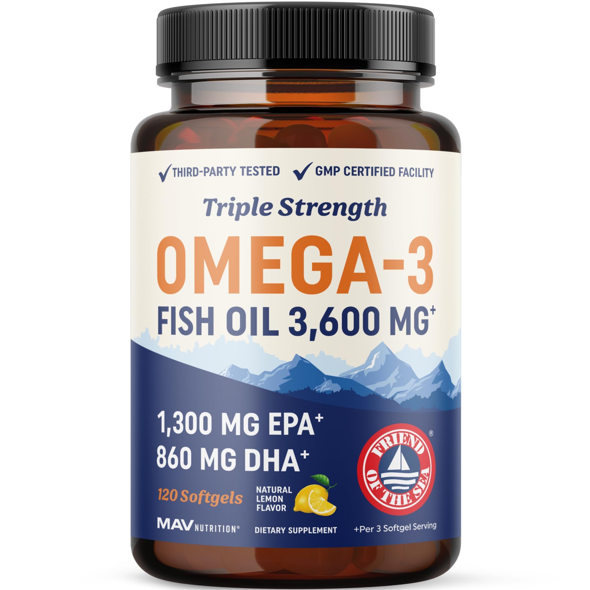 Triple Strength DHA Omega 3 Fish Oil 3600 mg | Over 2100mg Omega-3 Fatty Acids with 860mg of DHA | 1300mg EPA | Best Essential Fatty Acids | Premium Wild Caught & Burpless Fish Oil | 120 ct.