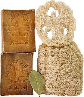 Kanaan Aleppo Seife Original 2 * 200g mit Luffa – 40 Lorbeeröl & 60 Olivenöl Naturseife, Männer Haarseife & Duschseife, Antibakterielle Grüne Seife, Biologisch Abbaubare Bio Olivenseife