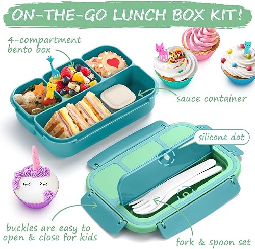 Miniatura 3 de QQKO Lonchera Bento para niños y adultos, lonchera escolar para niños y niñas, contenedores con 4 compartimentos, contenedor de salsa, utensilios,