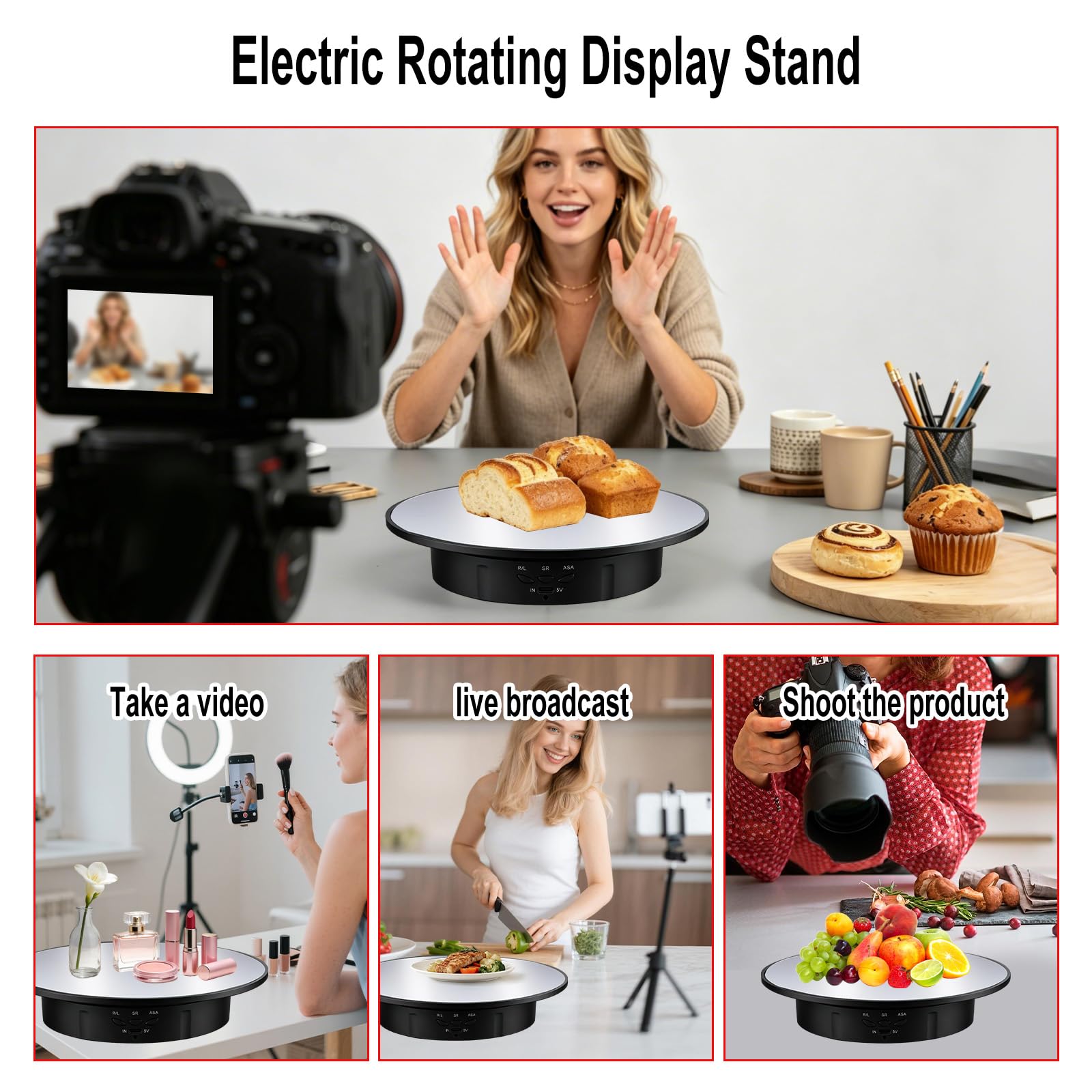 Espositore Girevole Elettrico 360°, Base Girevole Elettrica con Ricarica USB 3 Velocità, Piatto Girevole Elettrico per Torte Gioielli Modelli Collezioni Fotografia Live (Nero)