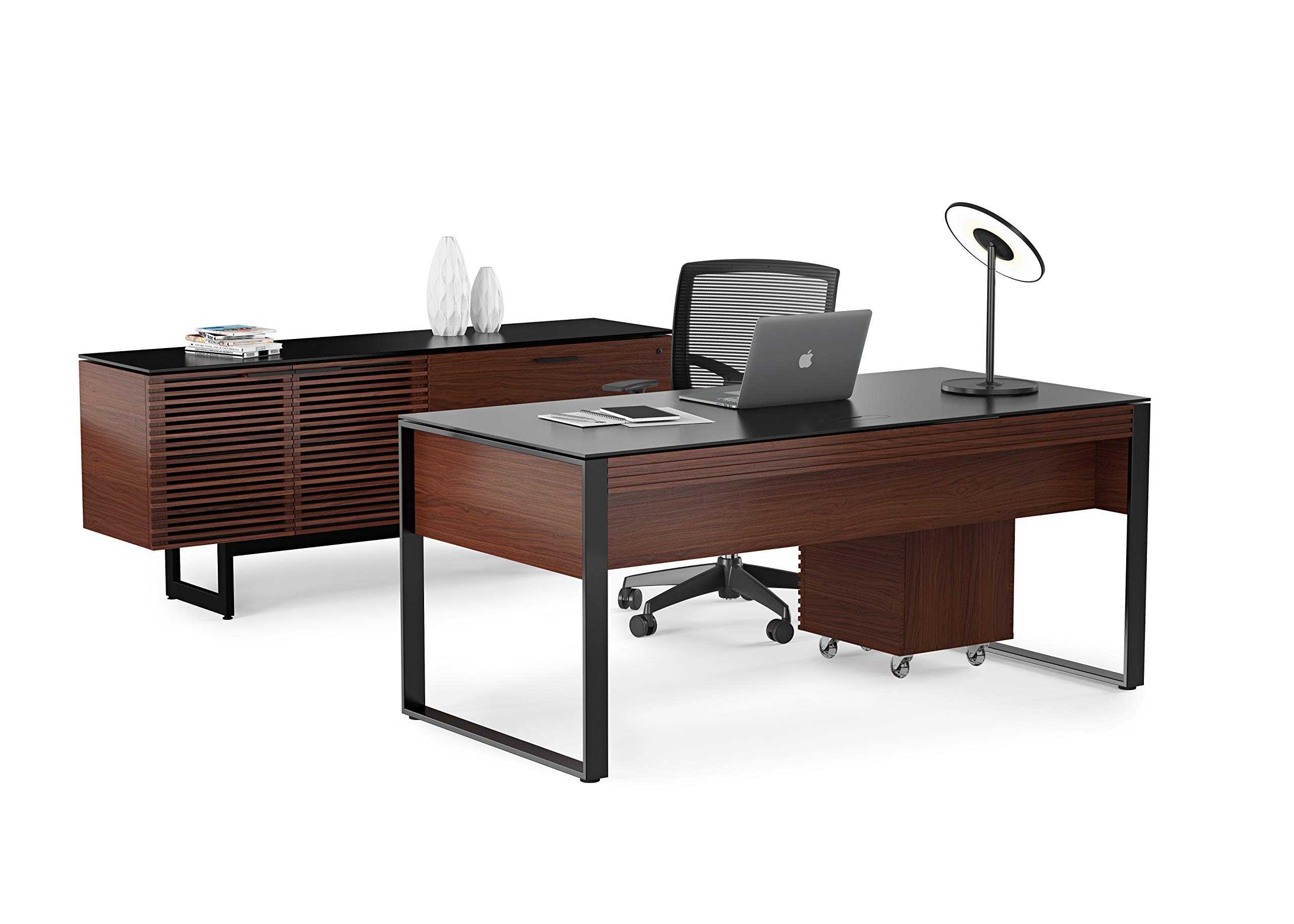 BDI Corridor Office Credenza - 70" Walnut Storage Cabinet With Locking File Drawer & Glass Top