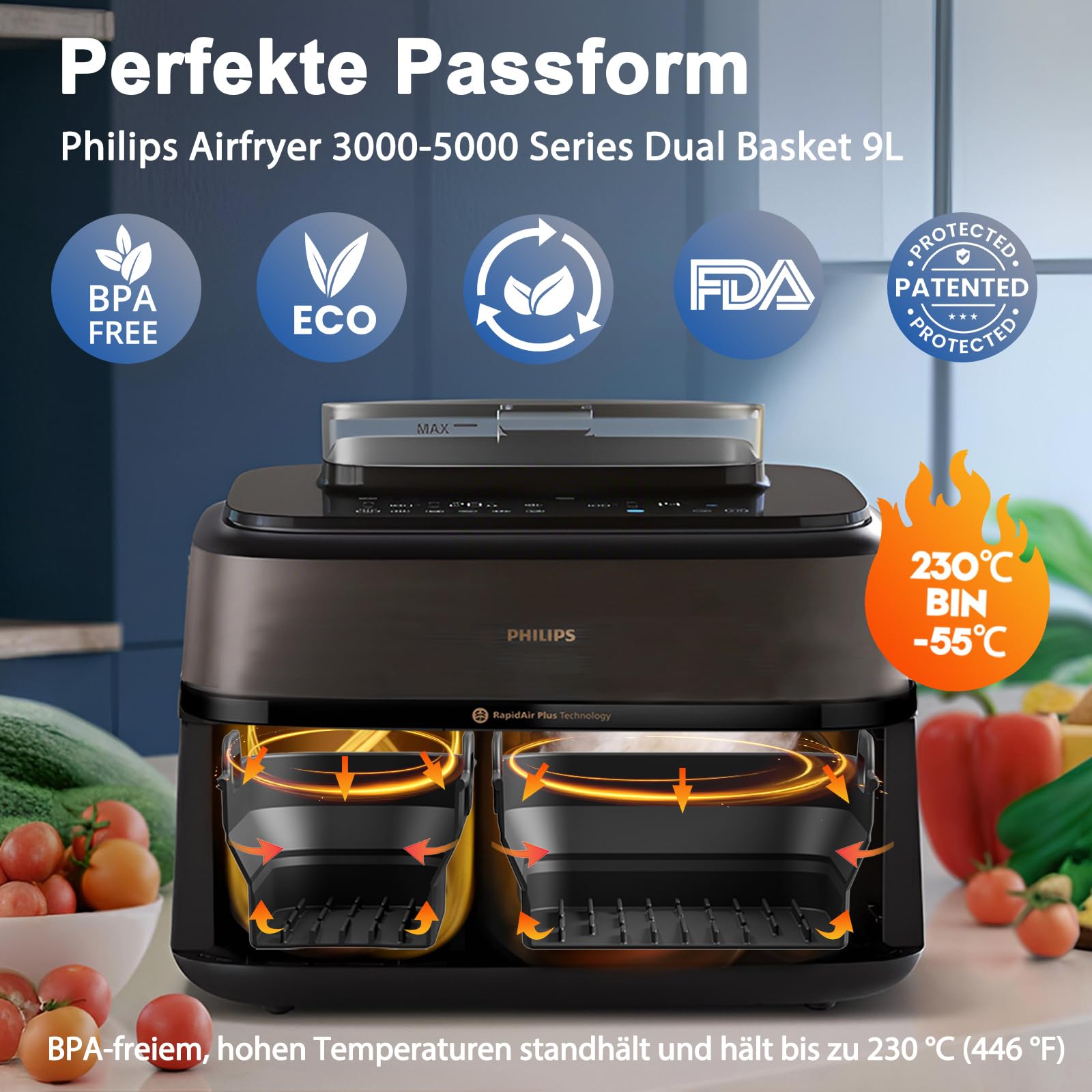 Heißluftfritteuse Zubehör für Philips Airfryer 3000-5000 Serie 9L | Faltbar Silikonform Zubehör Set, Wiederverwendbare Auflaufform Einsatz, Für Philips Dual Basket Airfryer NA350/NA550 9L