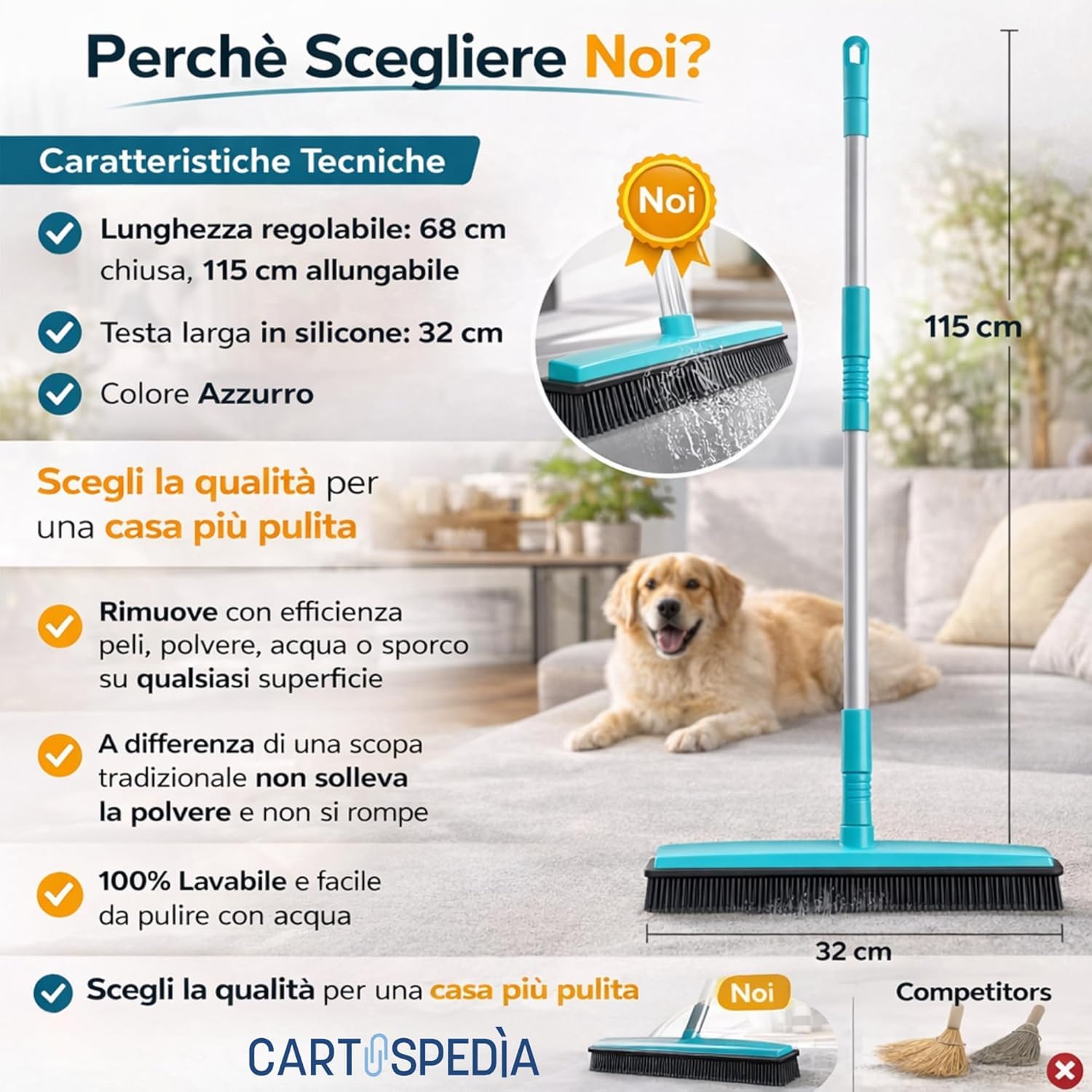 Scopa in Silicone Elettrostatica con Manico - Cattura Polvere e Peli Animali - Setole Flessibili per Tappeti, Divani e Pavimenti - Lavabile e Igienica