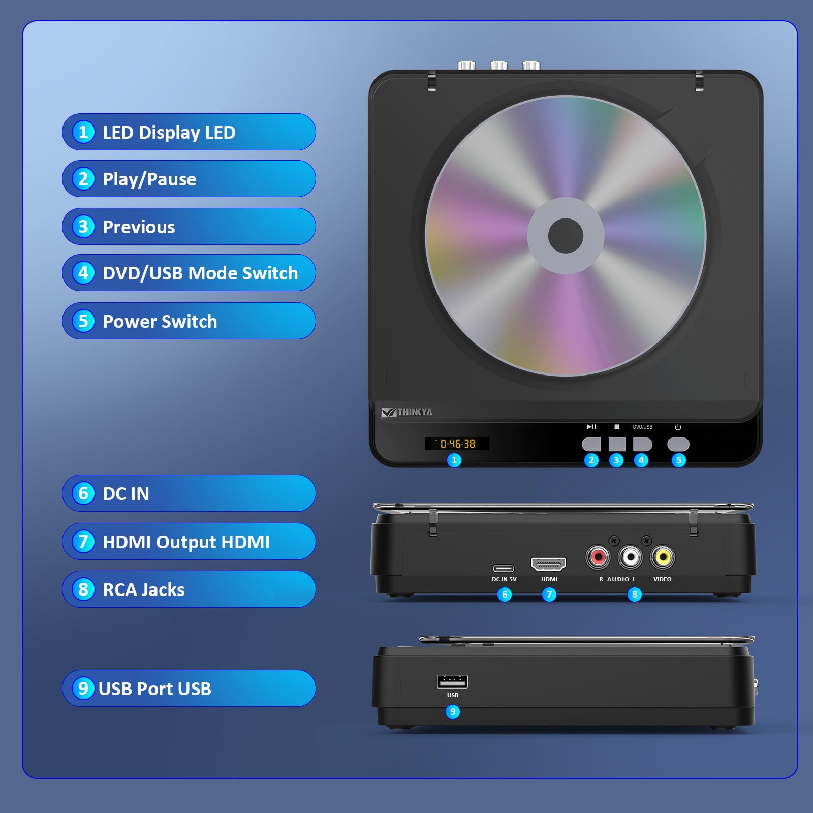 Reproductor de DVD portátil, reproductor de DVD True HD 1080P para Smart TV con cable HDMI (negro)