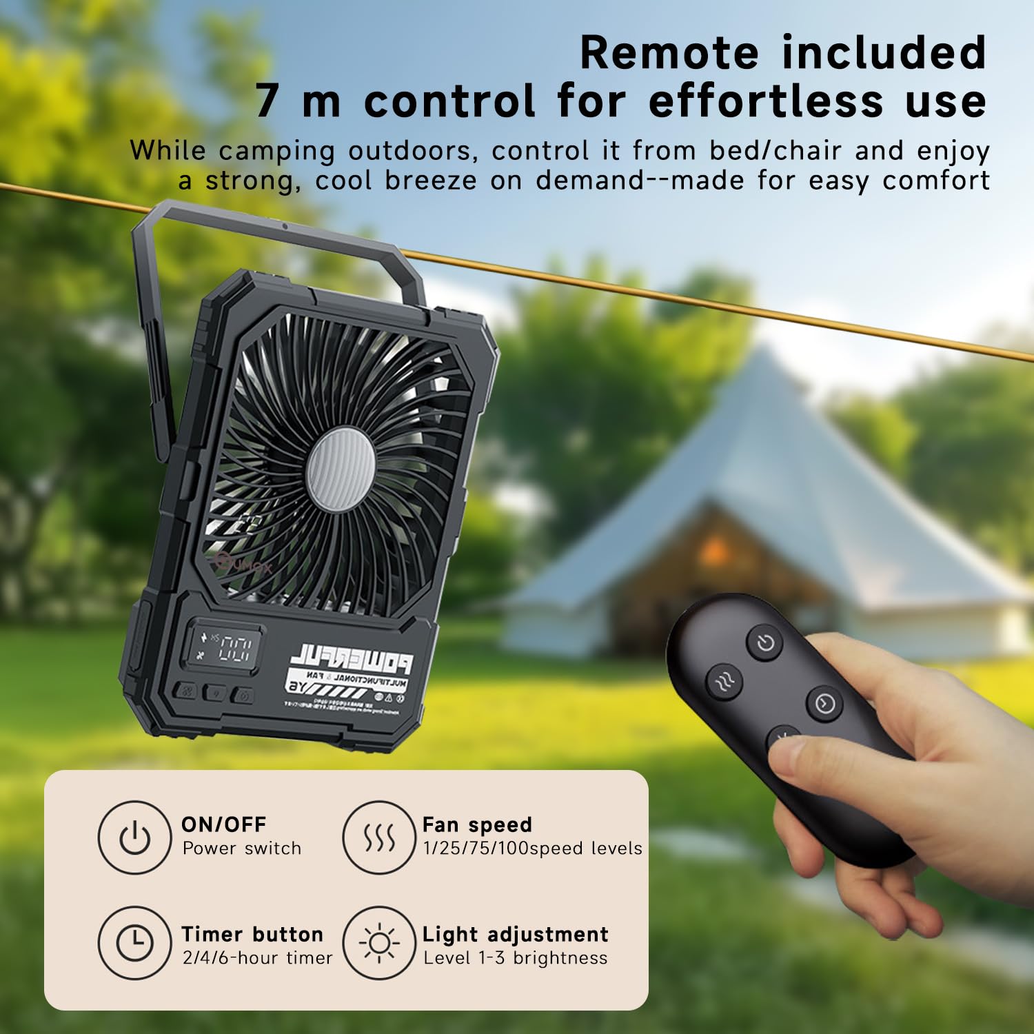 QUMOX Y6 Ventilador de Camping Recargable con Luz LED, Negro | Batería 20000mAh, Mando a Distancia, 4 Velocidades y 4 Modos de Luz, Temporizador 2/4/6H
