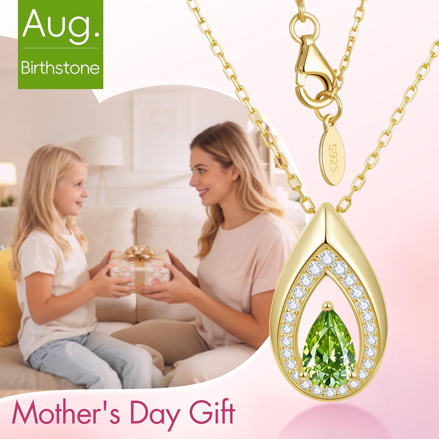 Birthday Jewelry Mother's Day Gifts for Wife/Mom - 14K Gold/White Gold Lab-Grown Moissanite/Emerald/Birthstone Pendant Necklaces for Women, Classic Style Non Tarnish 16"+2" Adjustable