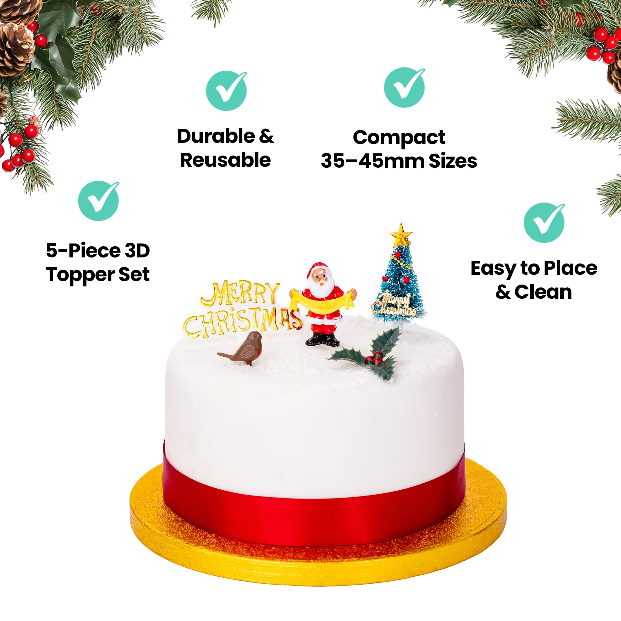 Christmas Cake Decorations Toppers 5 Piece Set - 3D Santa, Robin, Christmas Tree, Holly & Merry Christmas Sign - Non-Edible Reusable Cupcake Topper