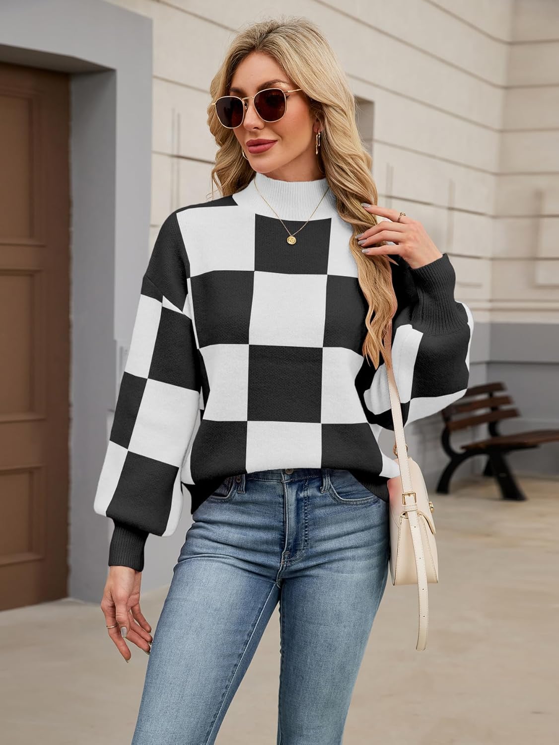 Womens Oversized Cute Checkered Sweater Fall 2025 Trendy Preppy Chunky Knit Mock Neck Long Sleeve Pullover Sweaters - Image 2