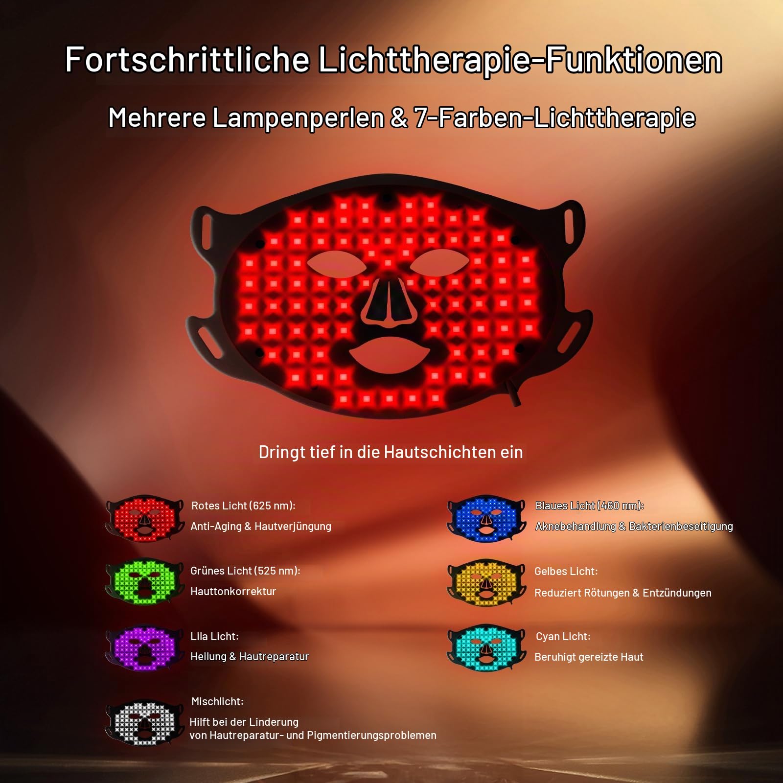 LED Maske Gesicht – LED Gesichtsmaske Lichttherapie mit 7 Modi, Red Light Therapy Face Mask 7 Funktion Mit Controller, Aufladbar Rotlicht Maske Gesicht für Anti-Aging (Schwarz)