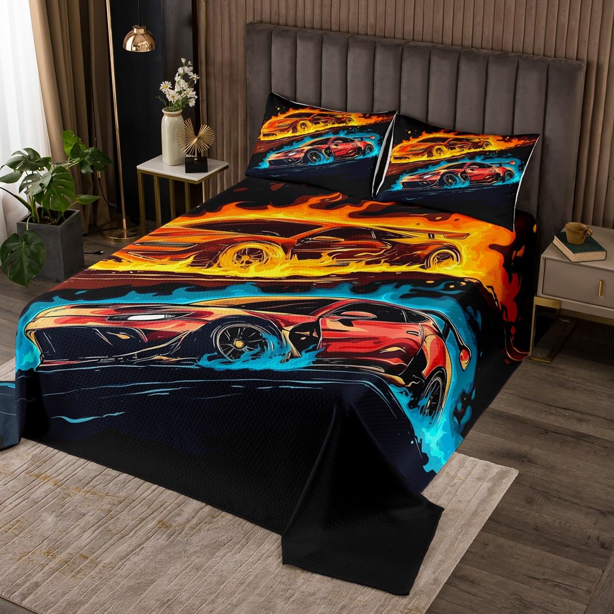 Homewish Cartoon Cars Bedspread Set Queen Size for Kids,Boys Girls Speed Racing Theme Quilt Set Race Car Coverlet Burning Fire Bedspread 3 Piece Decorative Bedding Quilted with 2 Pillow Shams