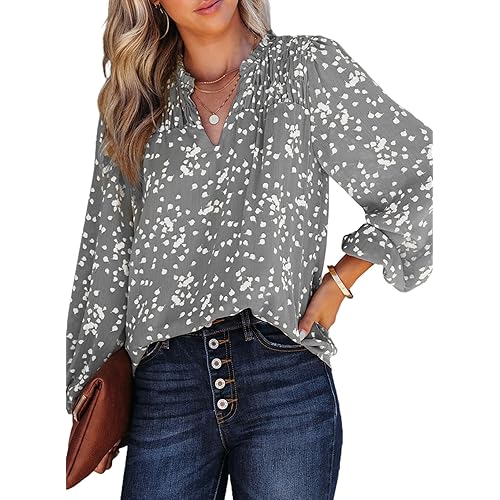 Dokotoo Women's Casual V Neck Alicia Floral Print Smocked Long Sleeve Chiffon Blouses Bohemian Top Shirts
