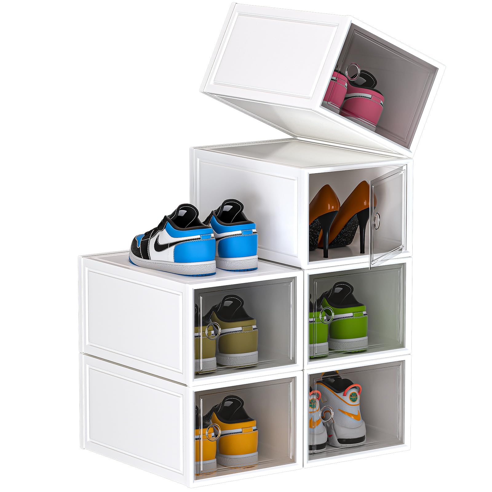 Shoe Storage Boxes, Clear Plastic Stackable Shoe Organizer for Closet, Space Saving Foldable Shoe Rack, Sneaker Containers, White Thickened Shoe Box Organizer for Entryway, Closet,Under Bed, Pack of 6