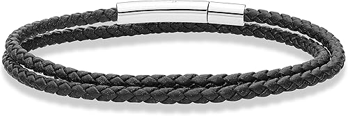 Miabella Pulsera de cuero trenzado de doble envoltura italiana genuina para hombres y mujeres, cierre de acero inoxidable, fabricada en Italia