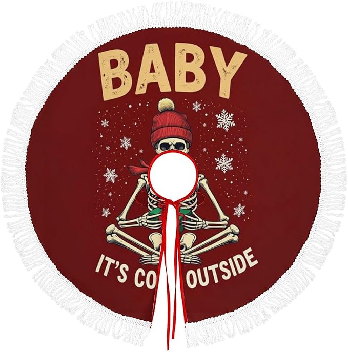 Christmas Tree Skirt with Tassels Xmas Tree Skirt Christmas Skeleton Funny Sugar Skull Xmas Decoration for Indoor Outdoor Decors