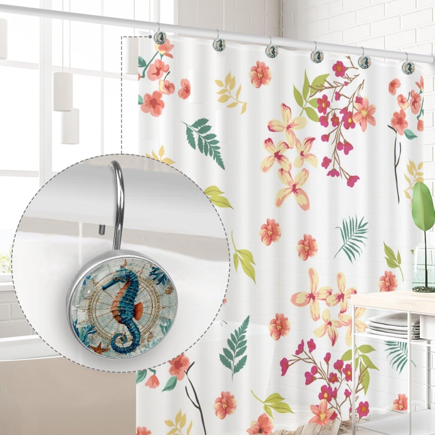 12 Pcs Shower Curtain Hooks, Retro Seahorse Rustproof Decorative Metal Round Shower Curtain Hangers Rings for Bathroom Bedroom Living Room Rods