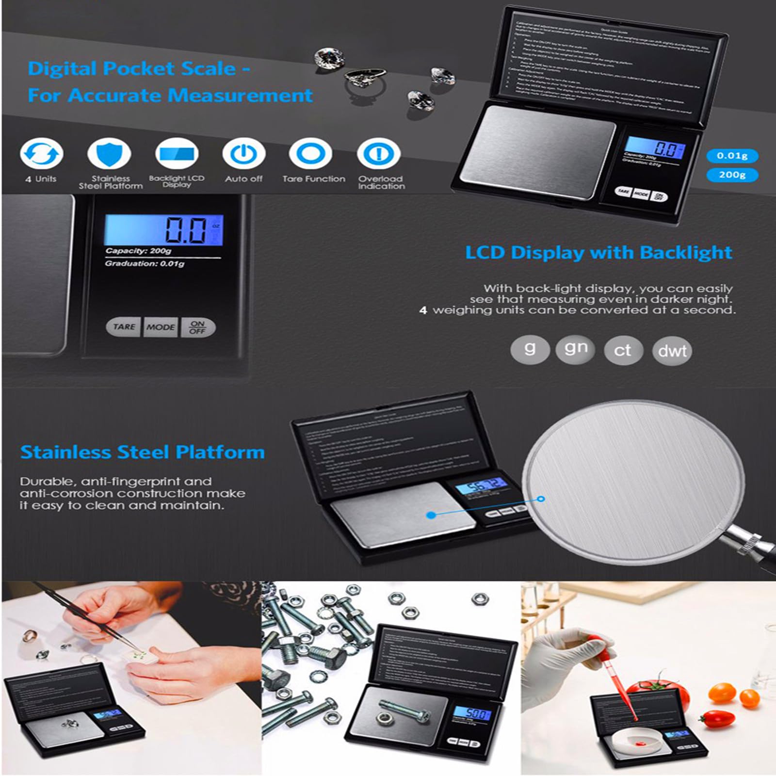 Báscula digital portátil de 200 g x 0,01 g de precisión, báscula electrónica de pesaje, báscula de joyería, mini báscula digital de gramos, báscula de alimentos pequeña, báscula de granos de onzas de