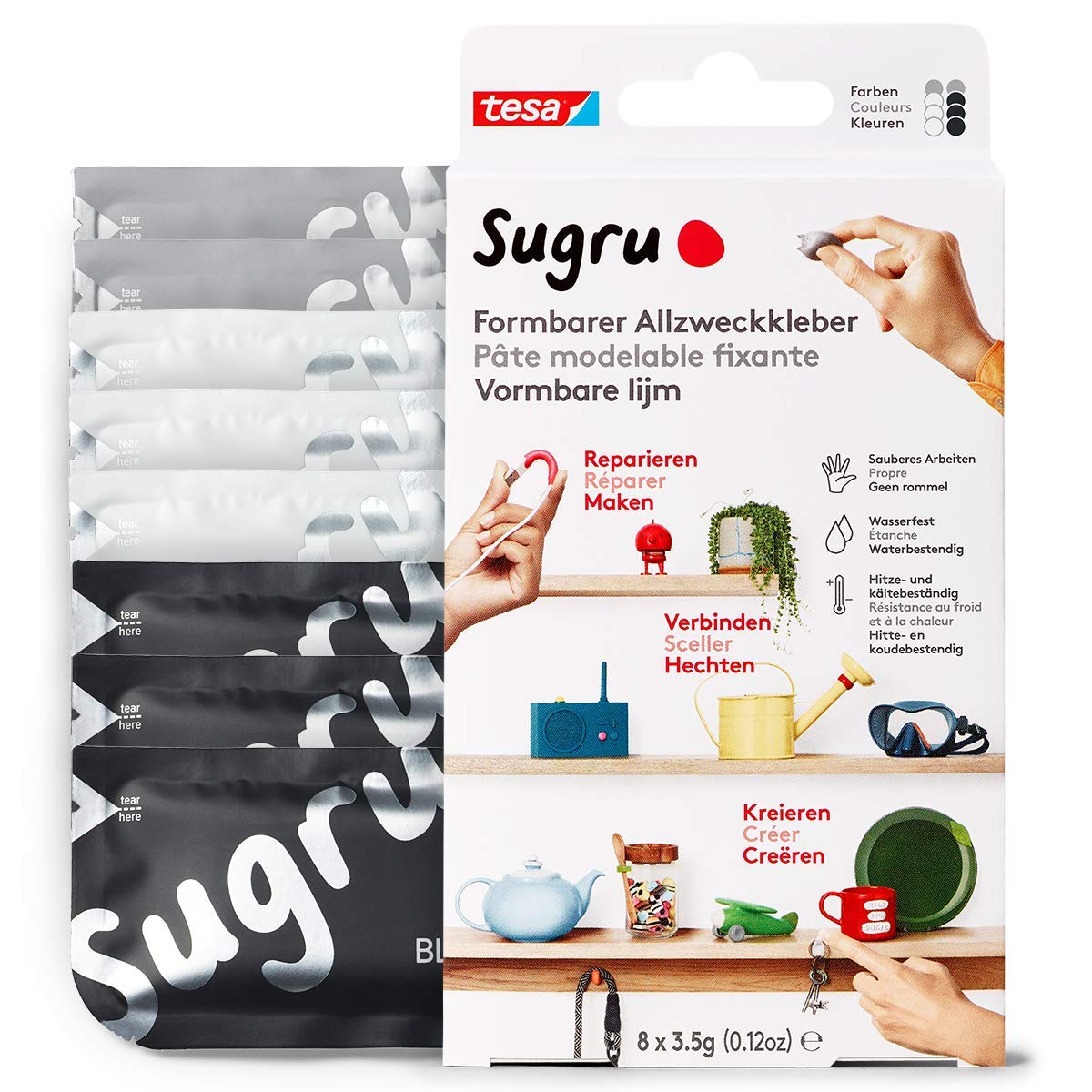 Sugru by tesa Malleable All-Purpose Adhesive, 8-Pack, 8 x 3.5 g, Black, White and Grey, Versatile Adhesive Clay for Repairing, Gluing and Fixing Without Drilling