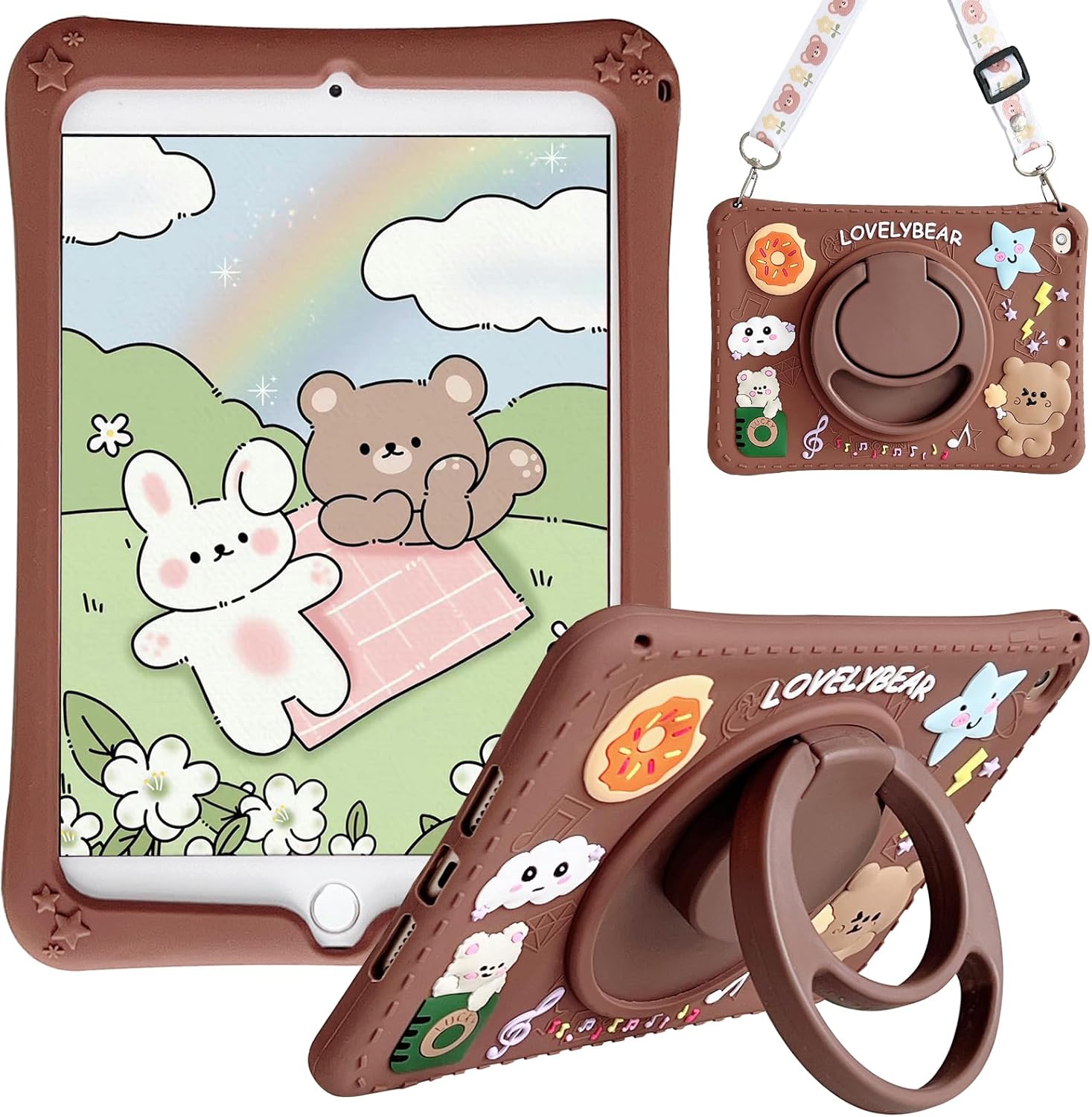 Kids Case for iPad A16 11th Gen 11" 2025/iPad 10th Generation 10.9 inch 2022, UUcovers 360° Rotating Ring Handle/Stand Case with Pencil Holder/Shoulder Strap Girl Boy Cute Soft Cover,Brown White Bear