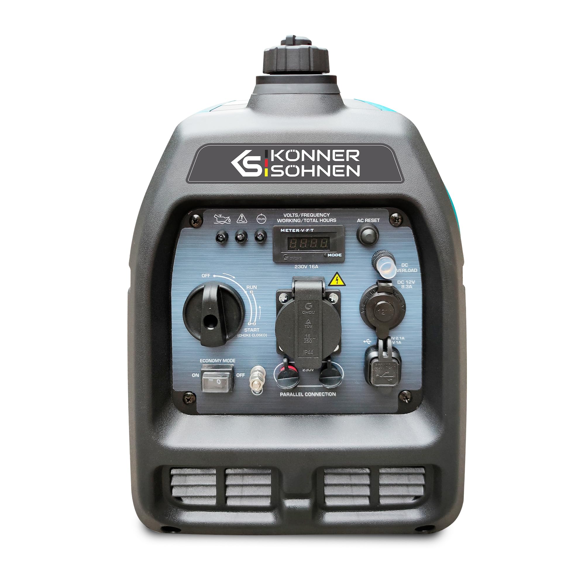 Generador inverter KS 2100i S de Könner & Söhnen Generador de energía de gasolina 2000 W, enchufe Schuko de 230 V, 2 puertos USB, indicador LED, modo ECO, bobinas de cobre, EURO V