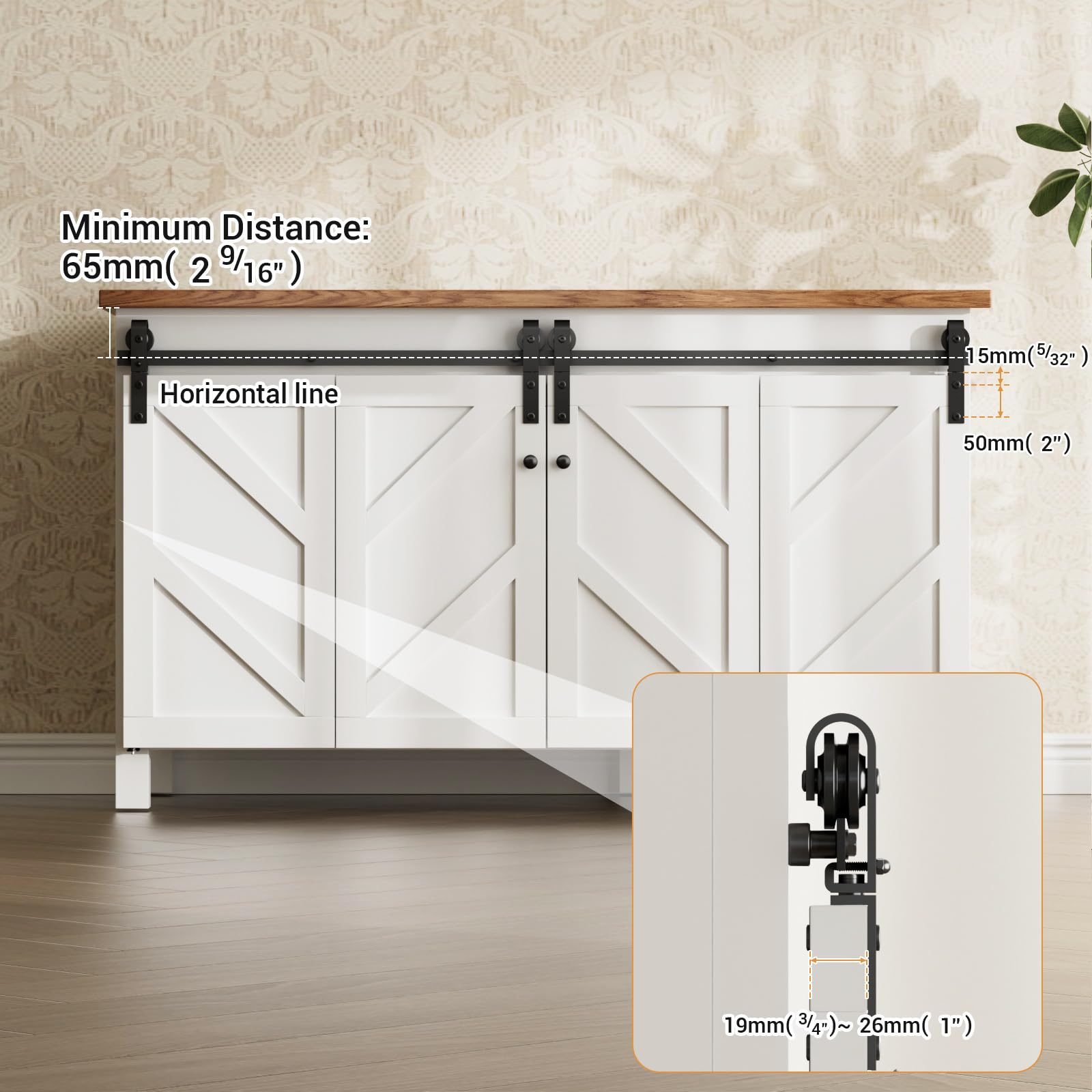 Mini herraje para puerta corredera de 6FT/183cm, para mueble para televisión con doble puerta, armario, juego de herrajes para puerta plegable (no incluye puertas de armario)