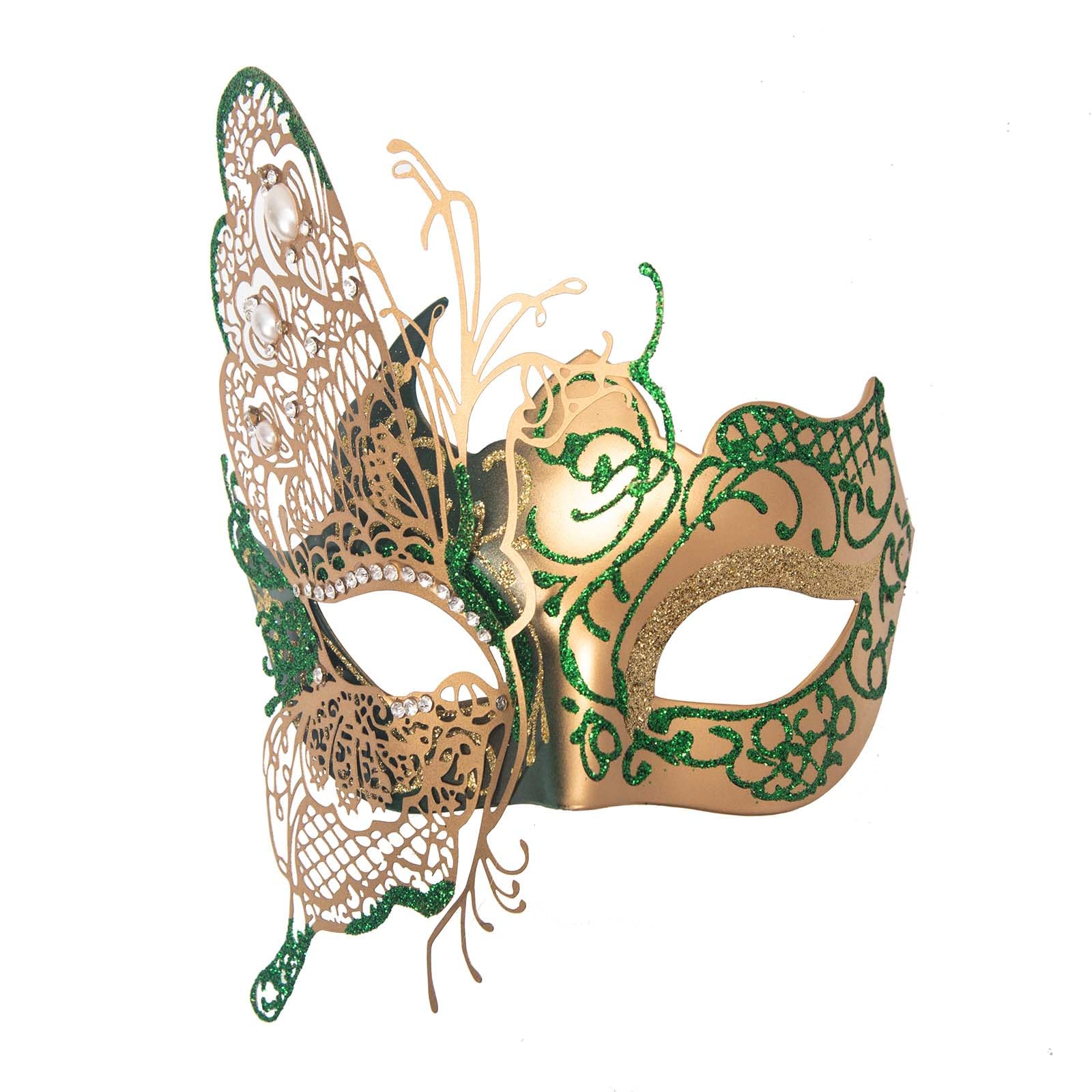 Seglorwy Womens Masquerade Mask Metal Rhinestone Venetian Halloween Christmas Evening Prom Ball Party Mask (Green Gold)