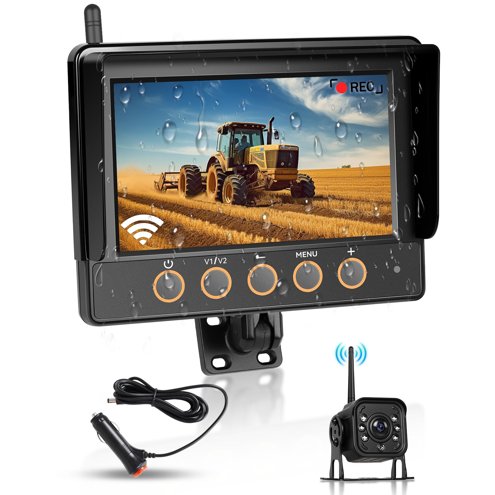 Hodozzy Cámara de Marcha Atrás Inalámbrica con Pantalla Táctil Impermeable 7 Pulgadas con BSW, Grabación en Bucle, Cámara de Visión Nocturna Inalámbrica Digital para Vehículos de Construcción 12V-36V
