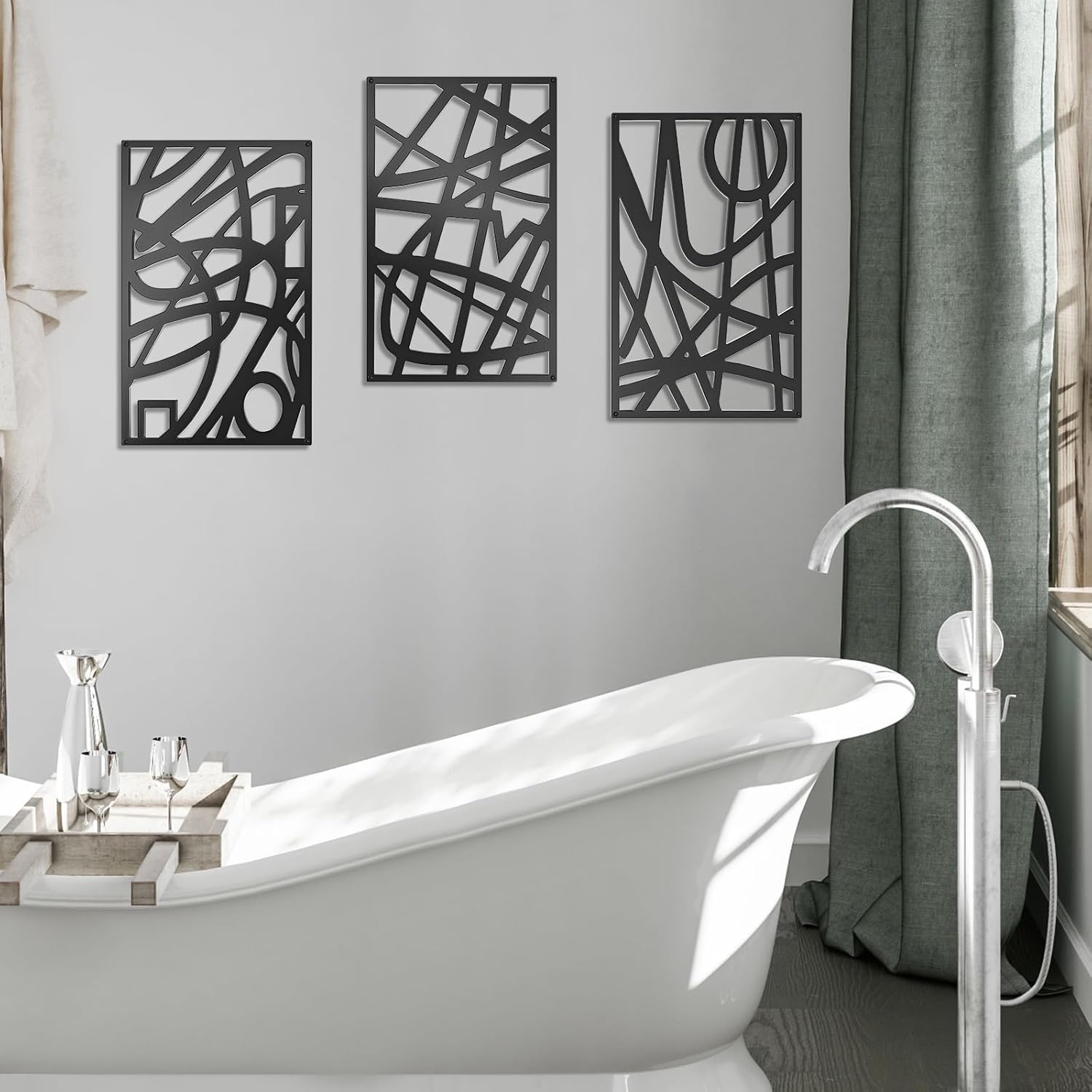 Gouisalin 3 Pack Black Abstract Metal Wall Decor, Minimalist Hollow Out Single Line Art Wall Décor, 3D Textured Sculptures Modern Wall Art for Living Room Bedroom Bathroom Office (9.8" x 15.7")