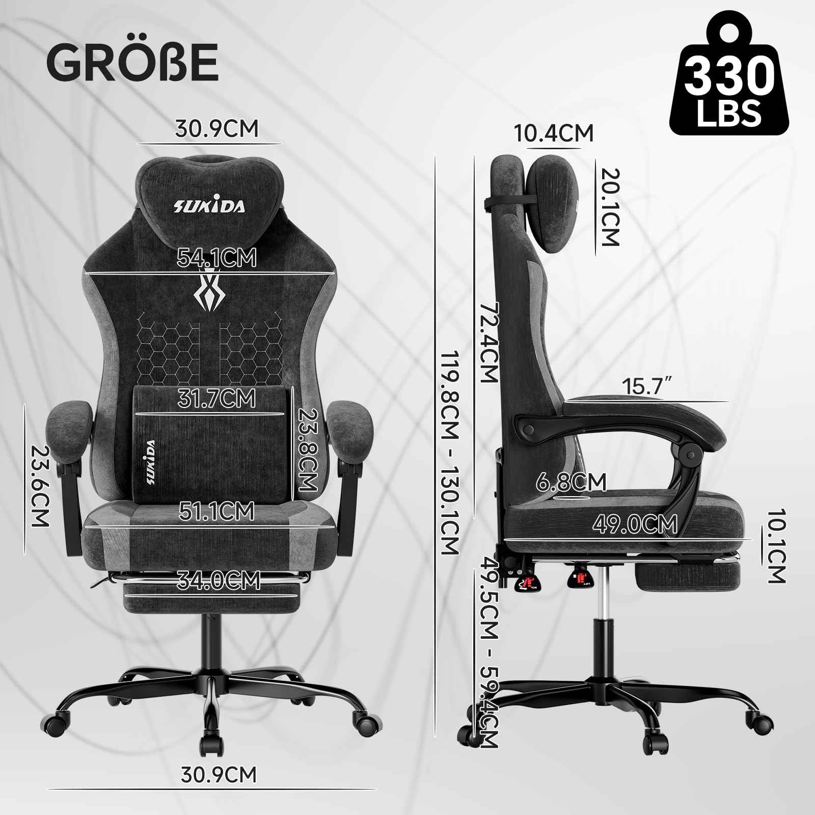 SUKIDA Gaming Stuhl, Ergonomischer Schreibtischstuhl mit Fußstütze Kopfstütze und Lendenkissen, Schreibtischstuhl mit Stoffoberfläche Hochwertiger - Stoff, Schwarz