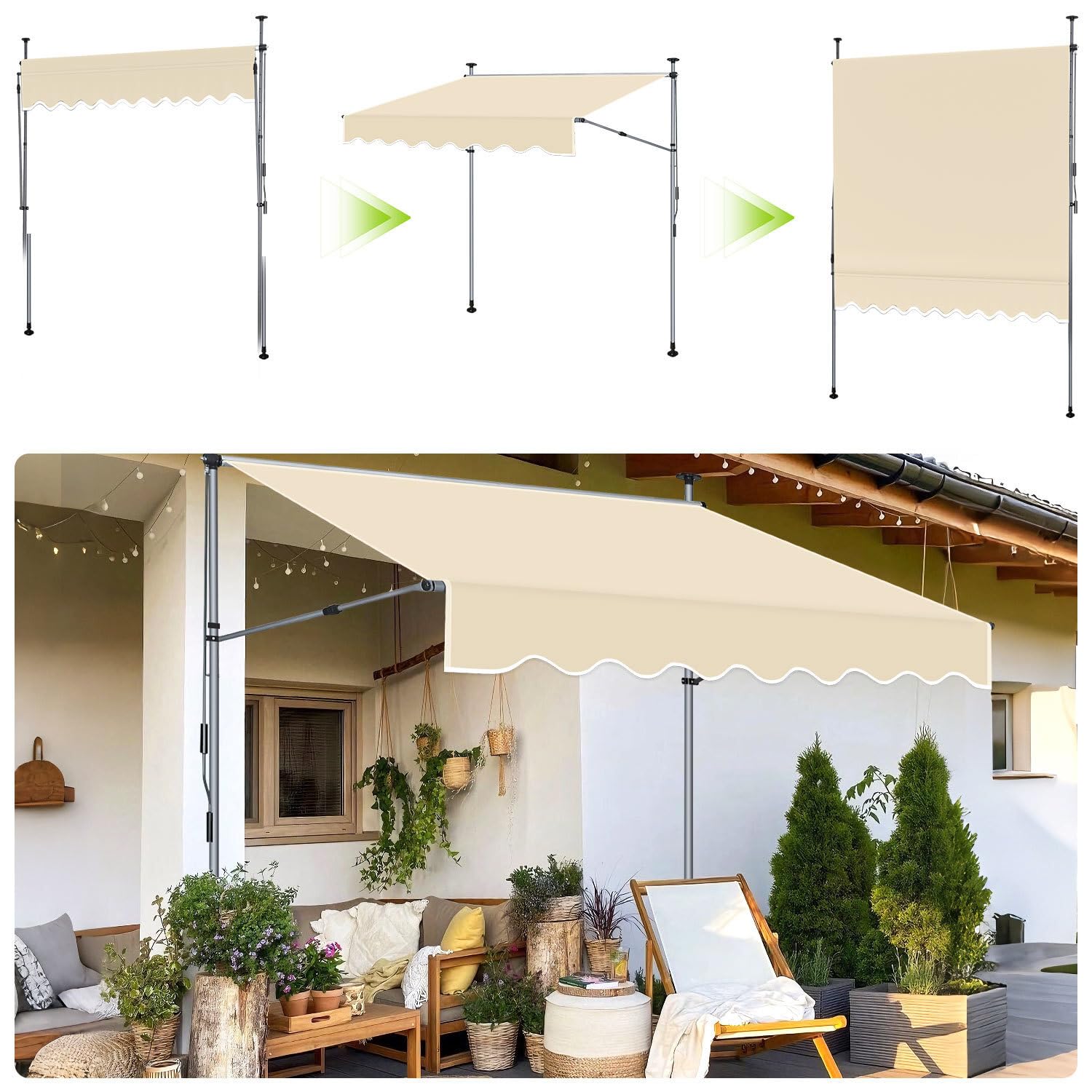 Ikodm Klemmmarkise 400cm Breit mit Handkurbel, Balkonmarkise ohne Bohren, Markise mit Verlängerten Einziehbaren Seitenstangen, UV-beständig höhenverstellbar Sonnenschutz, Beige