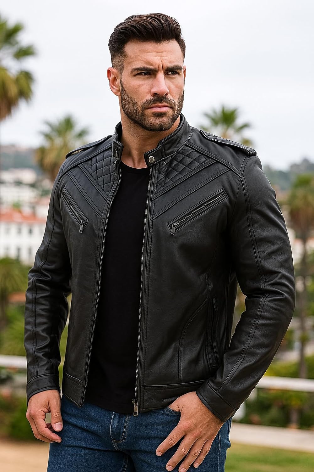 Mens Black Leather Jacket - Biker Racer Style Real Leather Jacket for Men - Image 3
