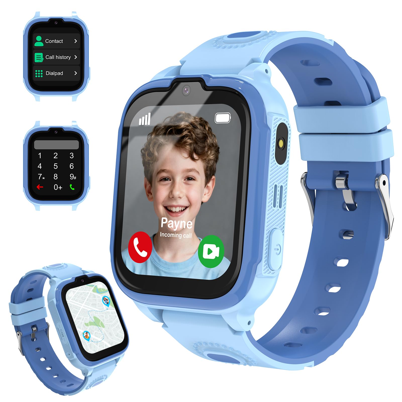 Reloj Inteligente Niños 4G - Smartwatch Niños con GPS y Llamadas con Botón SOS, Modo Escolar, Chat de Voz, Alarma y Larga Duración de Batería, Regalo para Niña/Niño (Azul)