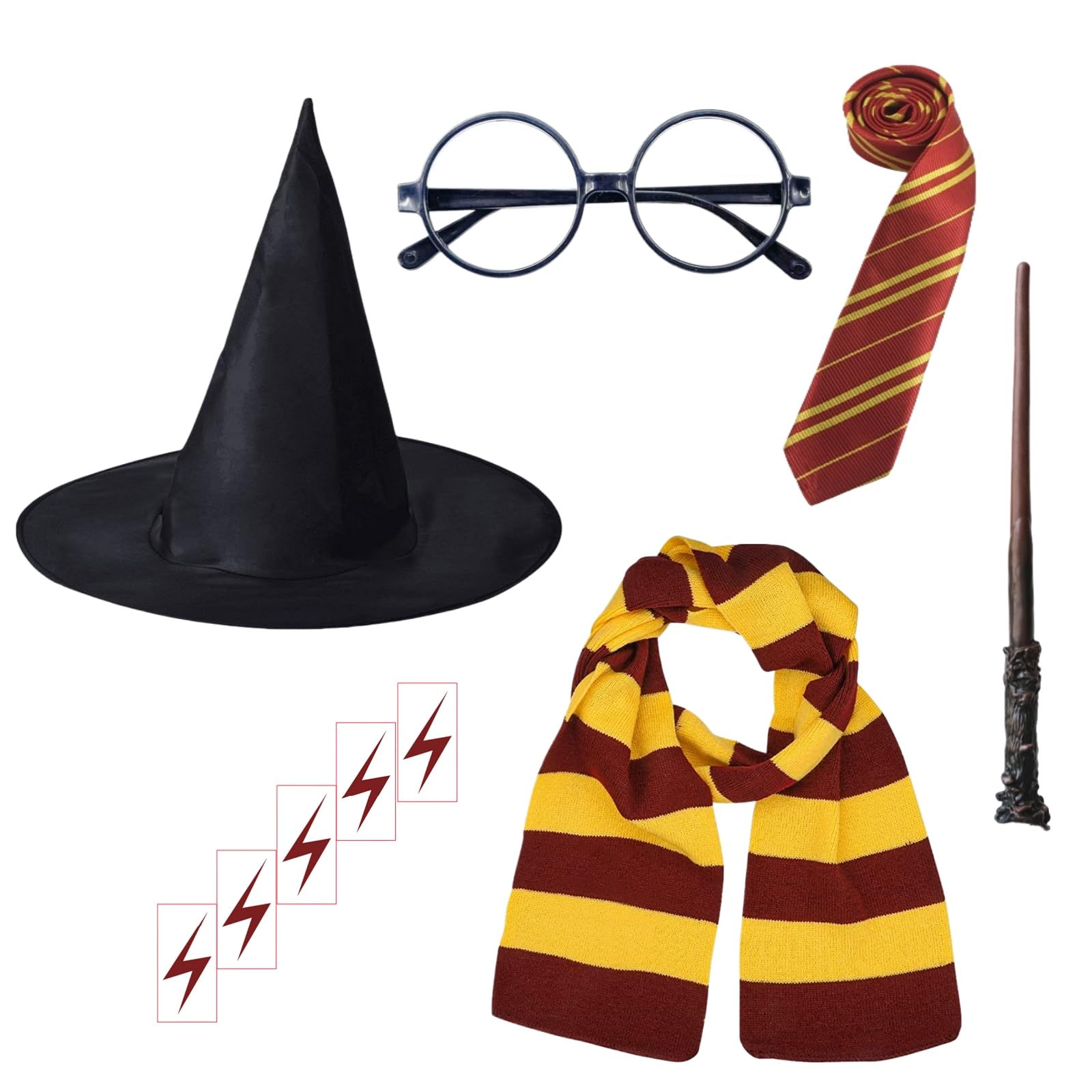 Wizard Costume Accessory Set for Boys Girls – Wizard Wand, Hat, Striped Scarf & Tie for Halloween Cosplay