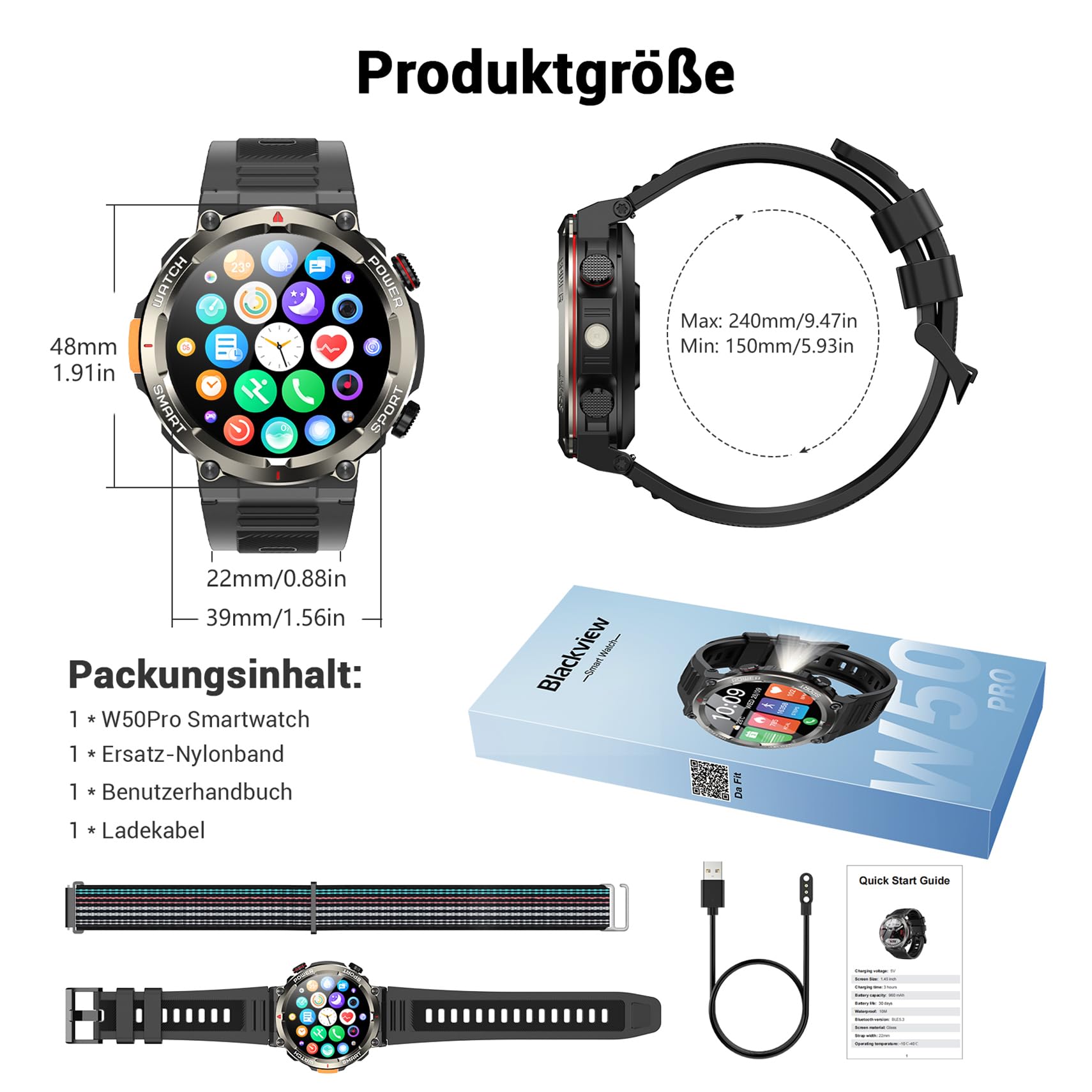 Blackview Herren Smartwatch IP68 Wasserdicht 100 Tage Akku 1,45'' Touchscreen Bluetooth-Anruf Herzfrequenz Schlafanalyse Sportuhr 100+ Sportmodi