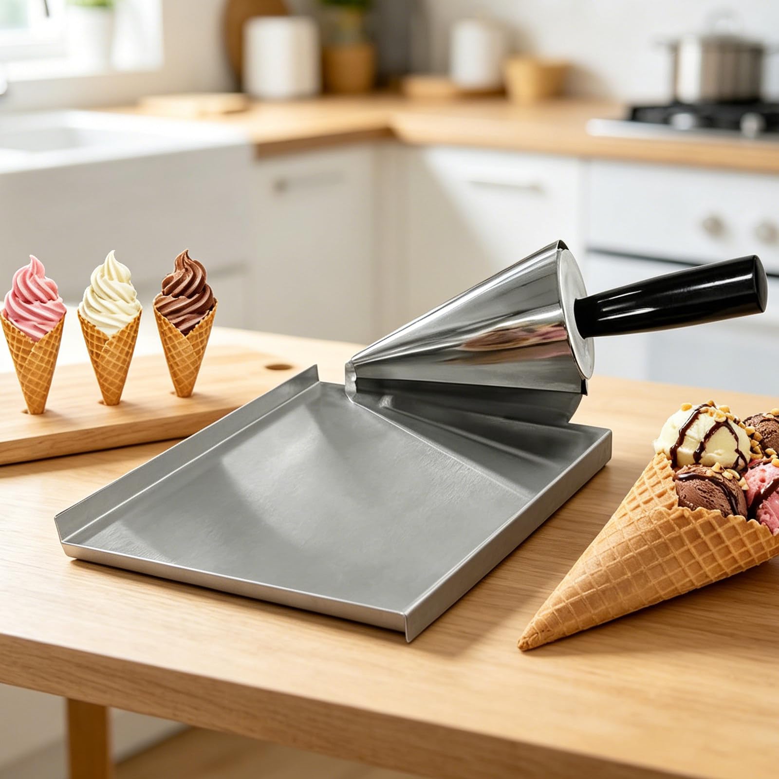 Molde para Conos de Gofre de Acero Inoxidable con Mango Ergonómico y Diseño Reutilizable, Ideal para Panaderías, Tiendas de Snacks y Repostería