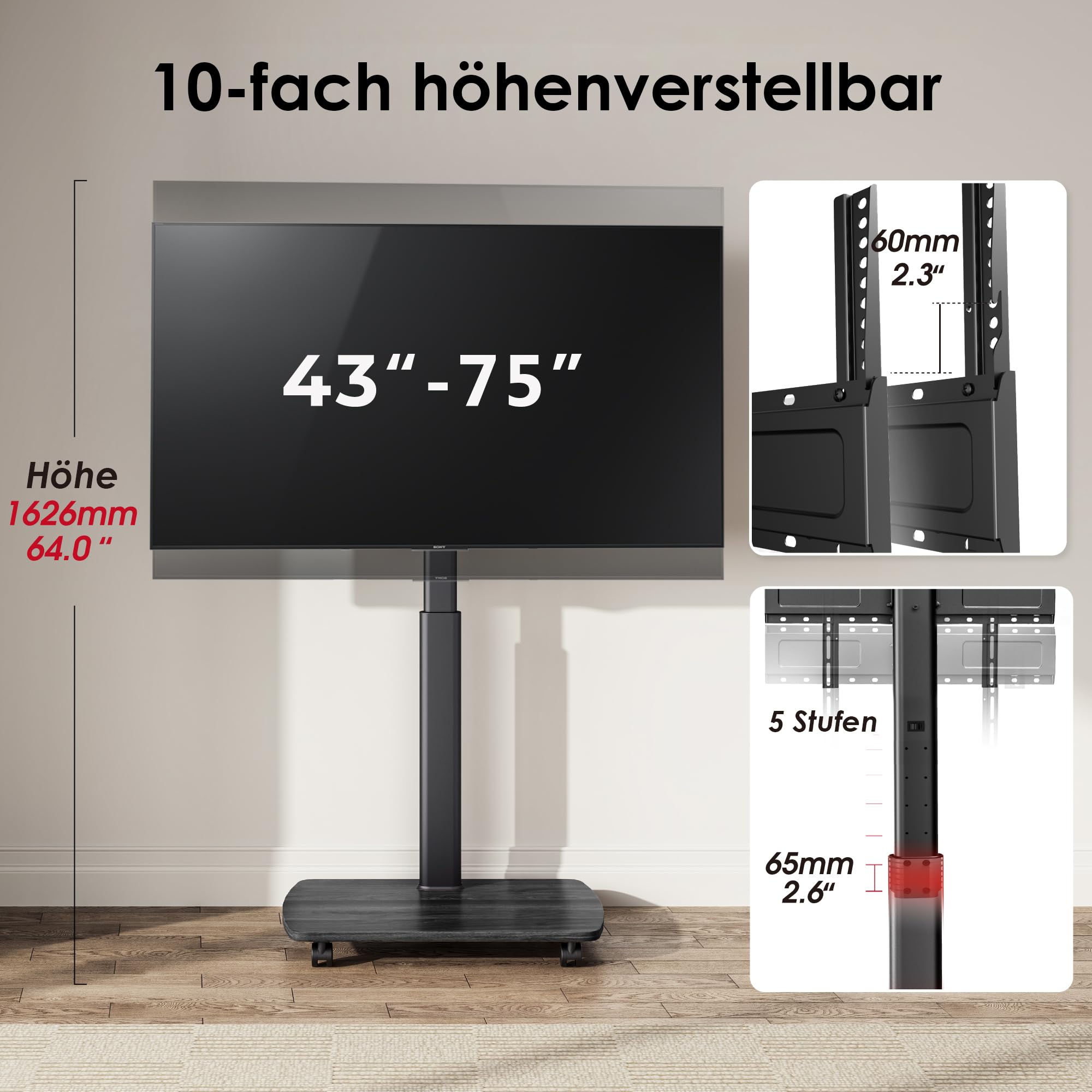 AOKCOS TV Bodenständer Rollbar mit Holzregal, TV Ständer mit Rollen für 43-75 Zoll Flach & Curved Fernseher bis 50kg, Höhenverstellbar Schwenkbar Fernsehstand, Max.VESA 600x400mm
