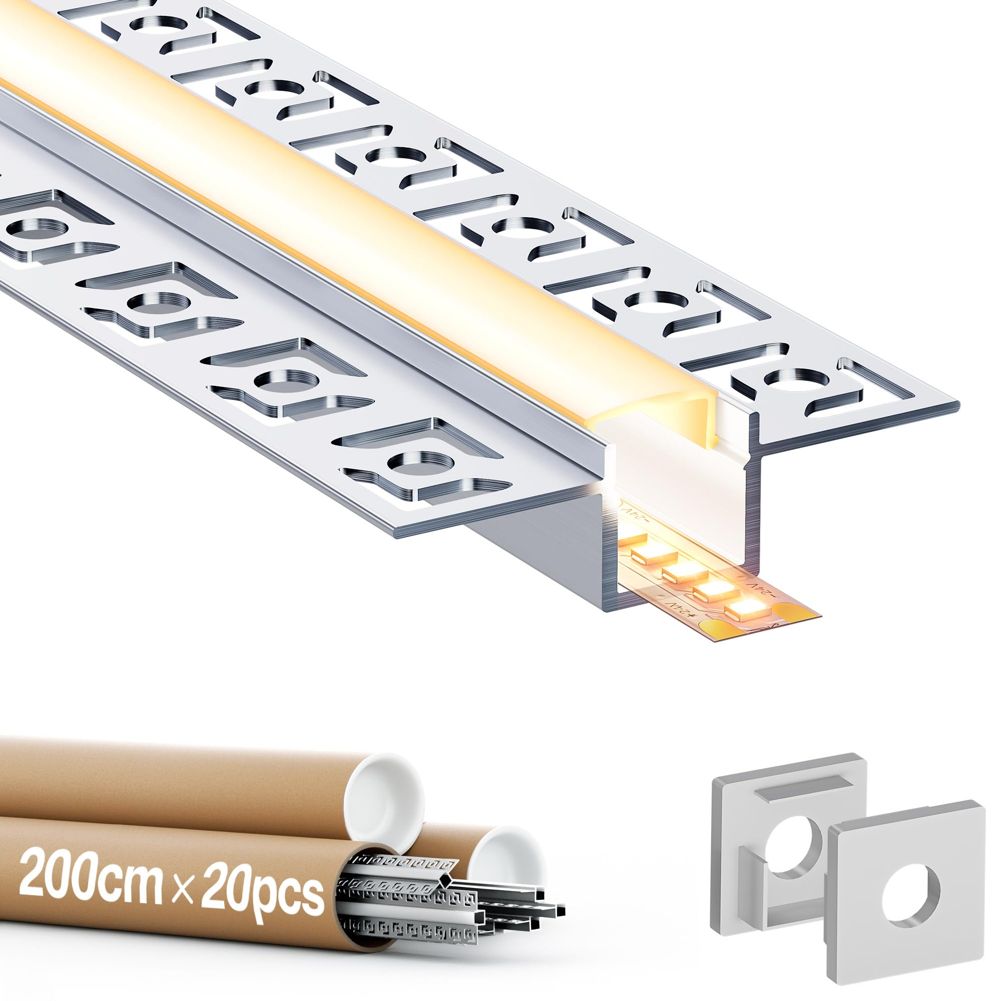Perfil Aluminio Tira LED, 20 Piezas 2m Perfiles LED Empotrables en Cartón Yeso, Difusor y Canal LED Adecuado para Tiras LED de Hasta 12 mm - Dimensiones 55.5 x 14.9 mm (Sa03, 20*2M (total 40M))